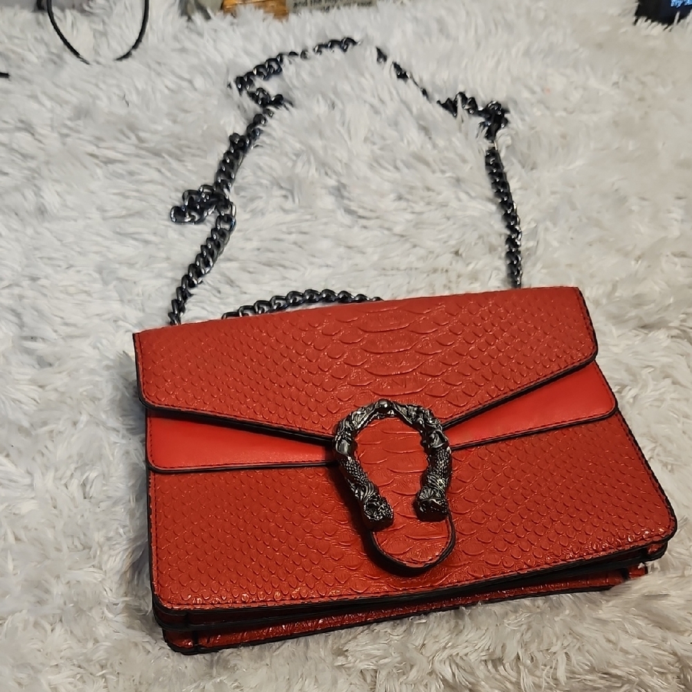 Red Snake Embossed Chain Shoulder Bag‎ Women's Fashion Clutch